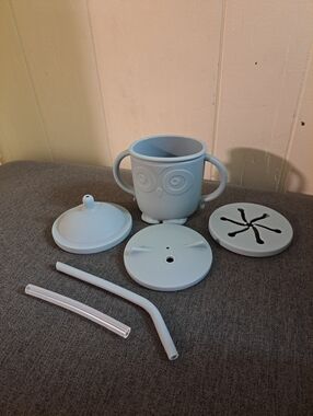 Owl Silicone Sippy Cup with Multiple Lids - Light Blue